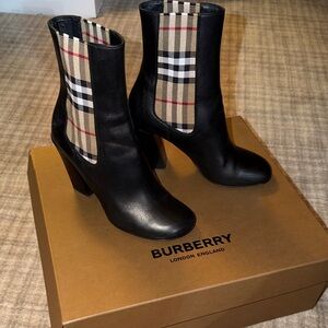 Burberry Black and Beige Plaid Heeled Boots
